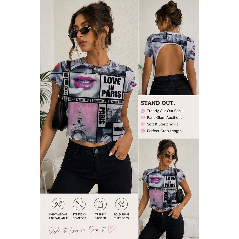 Cleo Apparel Cropped Shirt Women’s Large Paris Graphic Cutout Back Top